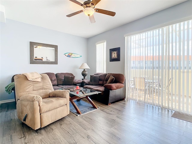 living room with wood-type flooring and ceiling fan