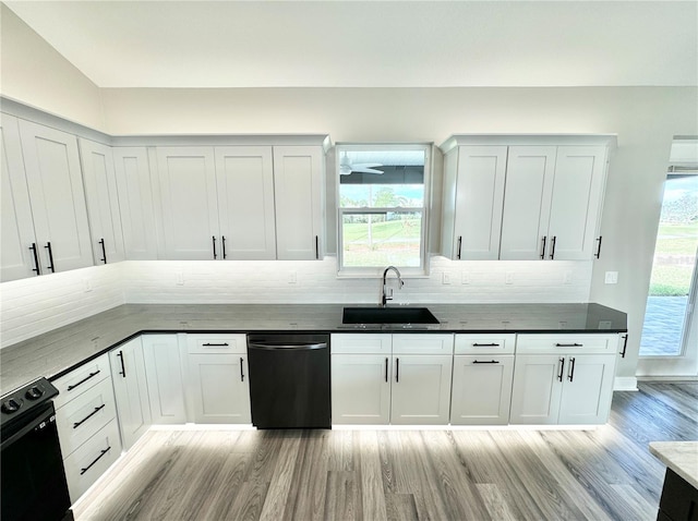 kitchen featuring tasteful backsplash, light wood-type flooring, black dishwasher, sink, and white cabinetry