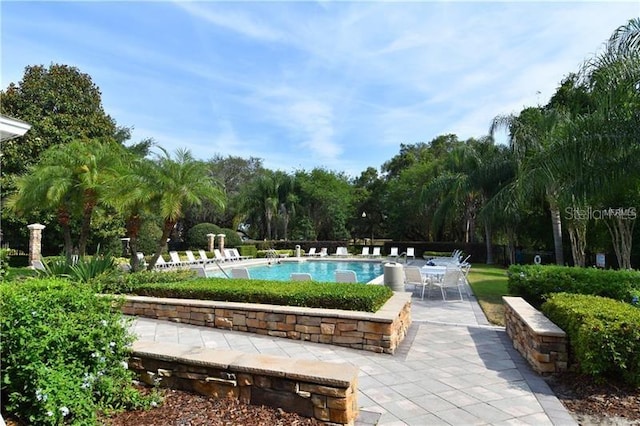 view of property's community with a patio and a swimming pool