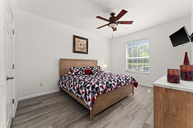 bedroom featuring ceiling fan and wood-type flooring