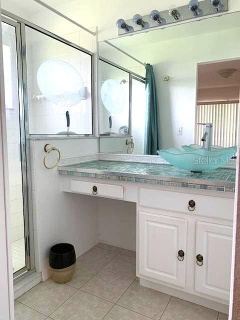 bathroom with vanity, tile patterned floors, plenty of natural light, and a shower with shower door