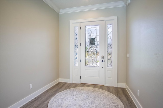 entrance foyer featuring ornamental molding and dark wood-type flooring