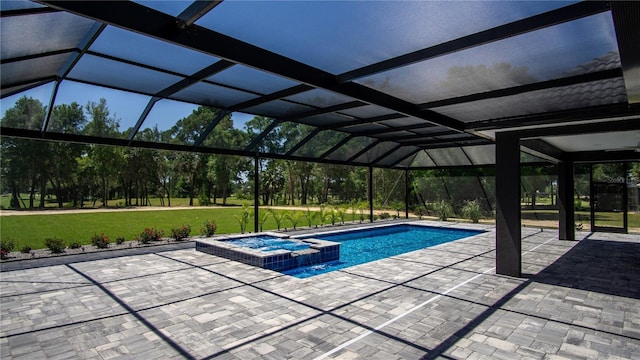 view of swimming pool featuring a lanai, an in ground hot tub, and a patio