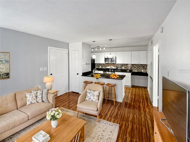 living room with dark hardwood / wood-style flooring and a textured ceiling