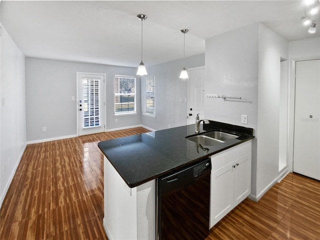 kitchen with white cabinetry, dishwasher, sink, dark hardwood / wood-style floors, and pendant lighting