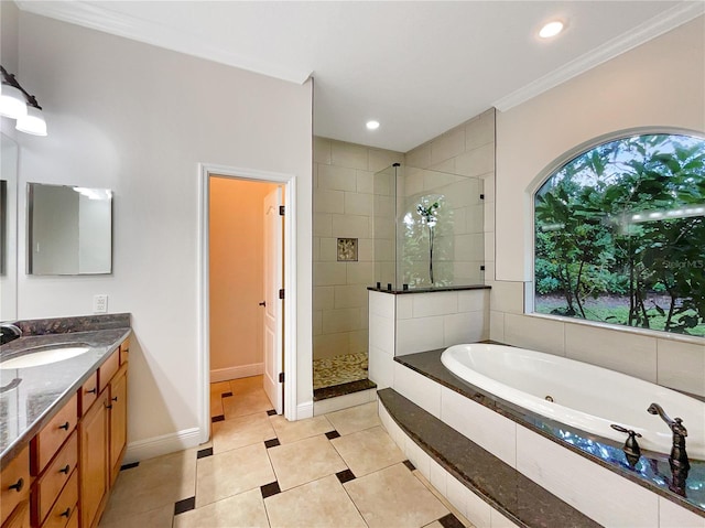 bathroom featuring tile patterned flooring, vanity, ornamental molding, and independent shower and bath