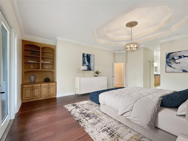 bedroom with a raised ceiling, crown molding, dark wood-type flooring, and a notable chandelier