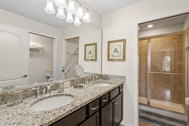 full bathroom featuring double vanity, a sink, and a shower stall