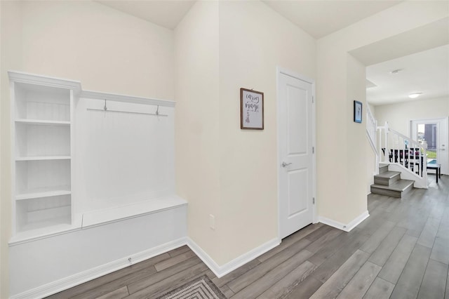 mudroom with wood-type flooring