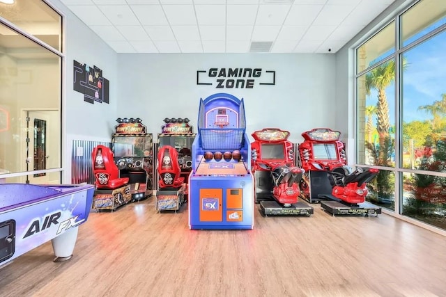 game room with a paneled ceiling, expansive windows, and wood-type flooring