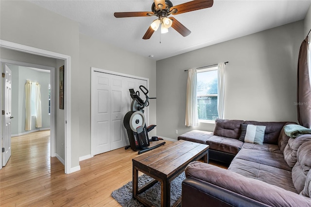 living room featuring light hardwood / wood-style flooring and ceiling fan