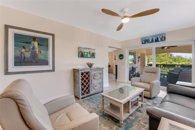 living room featuring ceiling fan