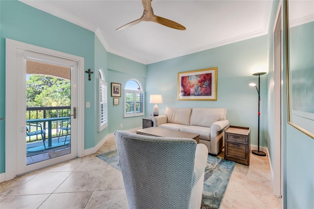 tiled living room with crown molding and ceiling fan