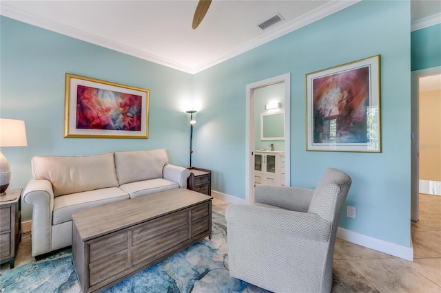 living room with ceiling fan and crown molding