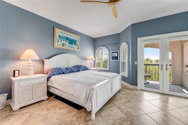 bedroom featuring ceiling fan, access to exterior, crown molding, and french doors