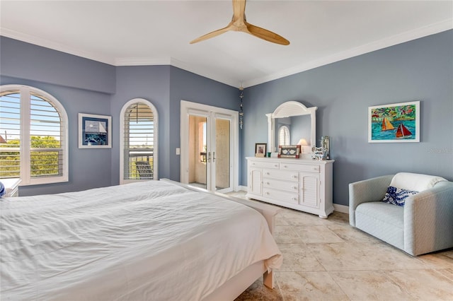 bedroom featuring ceiling fan and crown molding