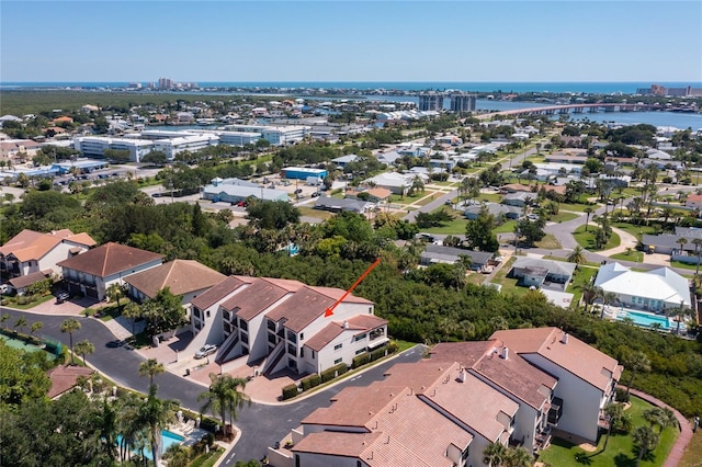 drone / aerial view with a water view