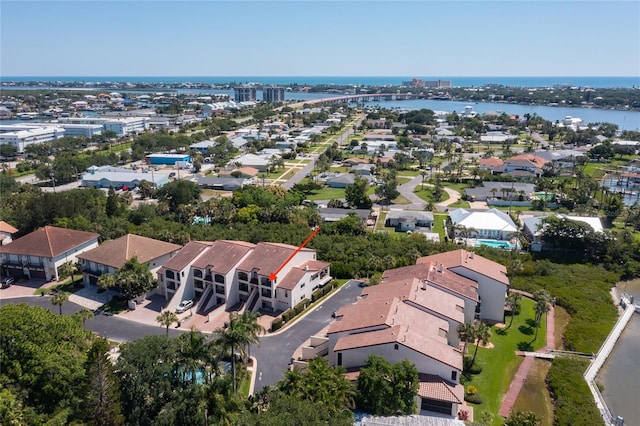 aerial view featuring a water view