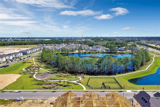 drone / aerial view with a water view