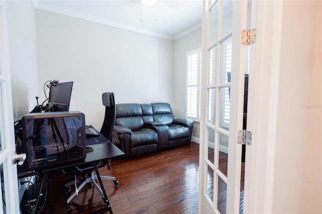 office featuring dark hardwood / wood-style flooring, crown molding, and french doors