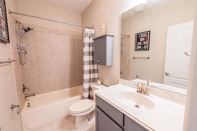 full bathroom featuring tile patterned floors, vanity, toilet, and shower / tub combo with curtain