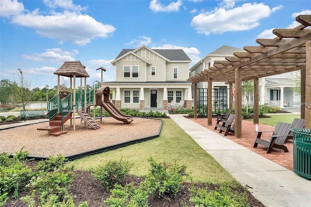 view of playground featuring a pergola