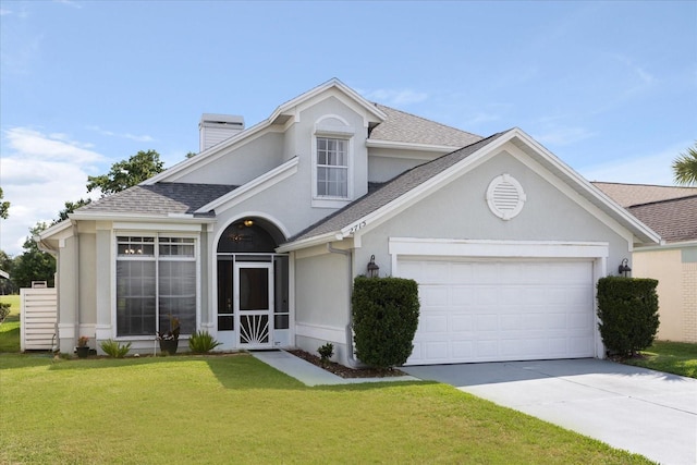 traditional home with stucco siding, a shingled roof, an attached garage, driveway, and a front lawn