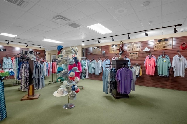 workout area featuring carpet and rail lighting