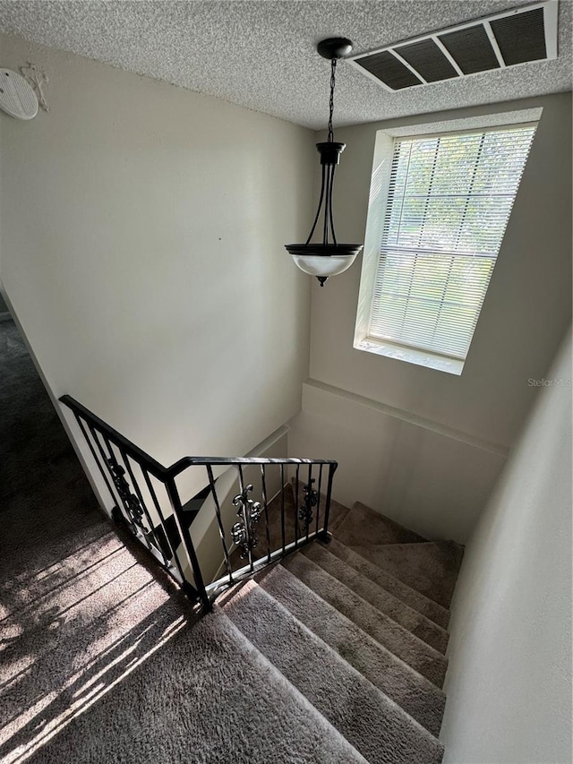 staircase featuring a textured ceiling and carpet floors