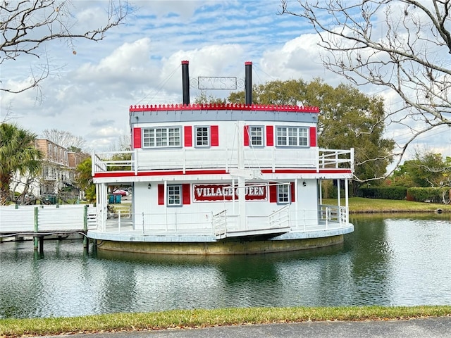 exterior space with a water view