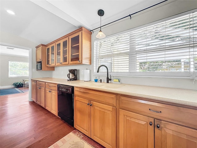 kitchen with hardwood / wood-style floors, black dishwasher, decorative light fixtures, and sink