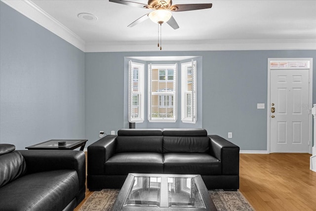 living room with hardwood / wood-style flooring, ceiling fan, and crown molding