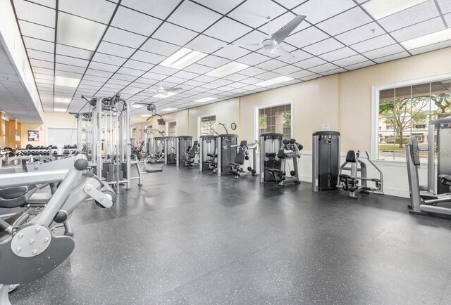 gym with a drop ceiling and plenty of natural light