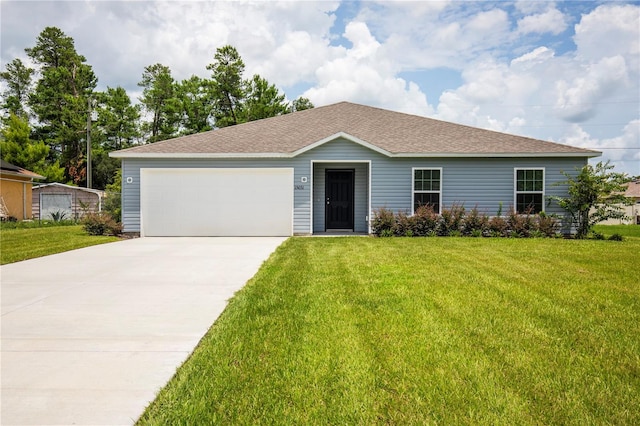 ranch-style home with a garage and a front yard