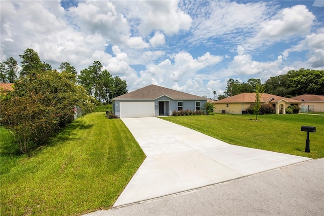 ranch-style house with a front lawn and a garage