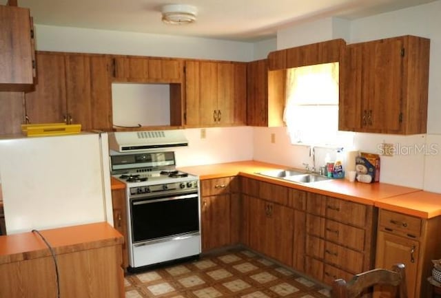 kitchen featuring sink, exhaust hood, and white appliances