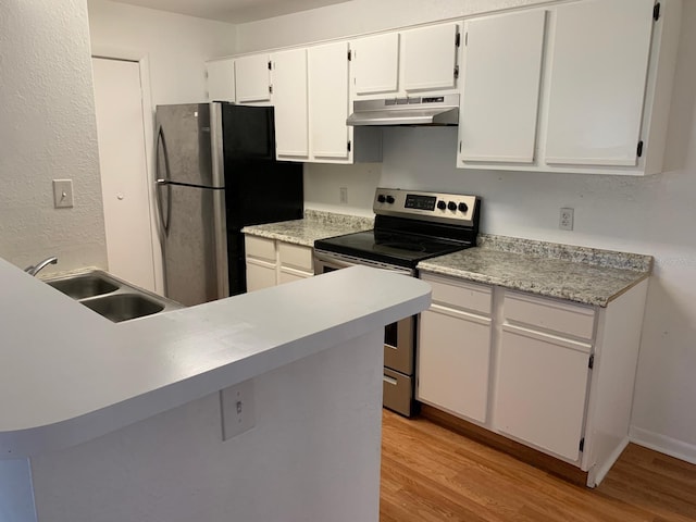 kitchen with kitchen peninsula, stainless steel appliances, sink, light hardwood / wood-style flooring, and white cabinets