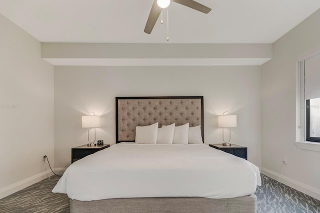 bedroom featuring ceiling fan and dark carpet