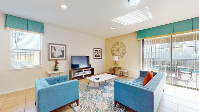 living room with tile floors