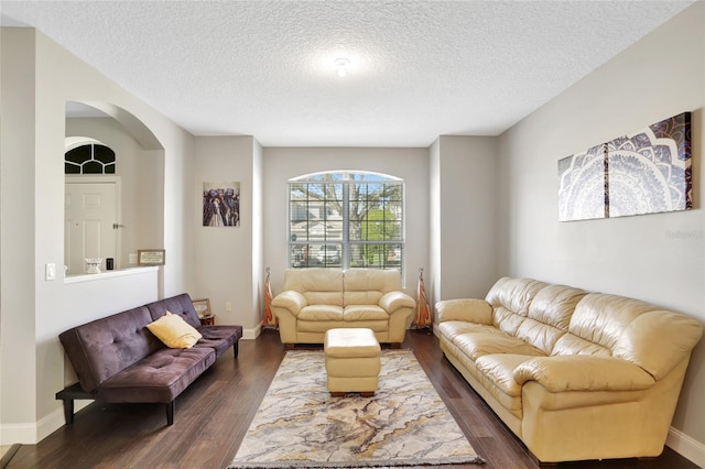 living room with dark hardwood / wood-style floors and a textured ceiling