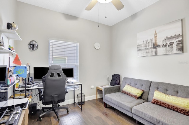 office featuring ceiling fan and hardwood / wood-style flooring