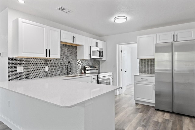 kitchen with white cabinetry, sink, light hardwood / wood-style flooring, kitchen peninsula, and appliances with stainless steel finishes