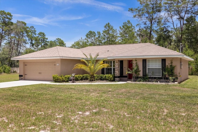 ranch-style home with a garage and a front lawn