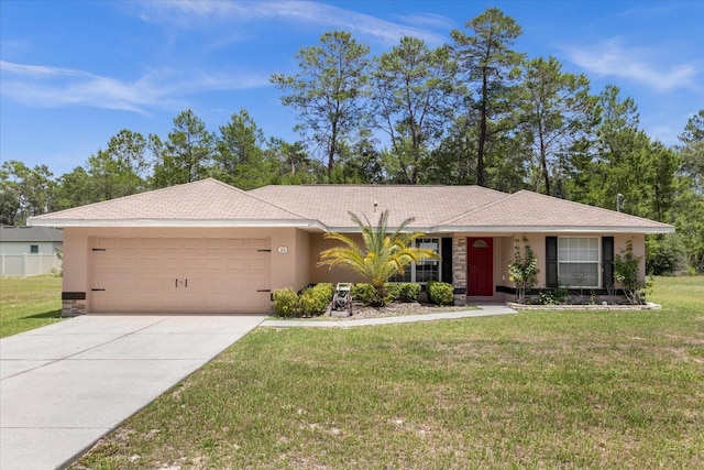 ranch-style home with a front yard and a garage