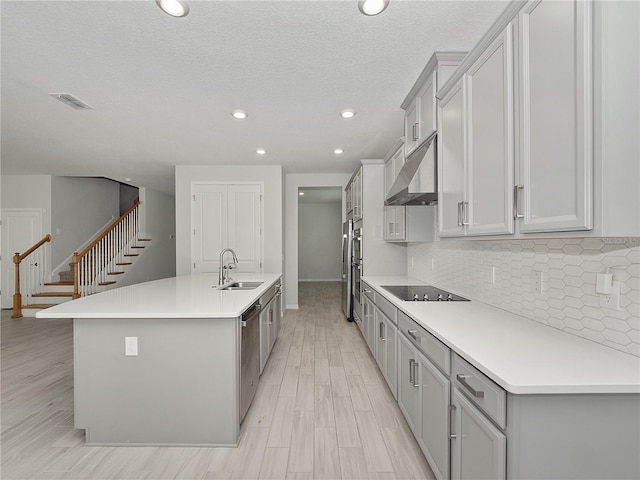 kitchen featuring exhaust hood, sink, light wood-type flooring, an island with sink, and appliances with stainless steel finishes