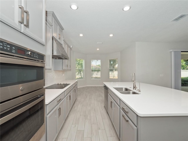 kitchen with a kitchen island with sink, plenty of natural light, stainless steel appliances, and sink