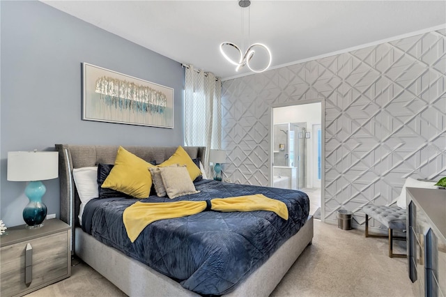 bedroom featuring ensuite bathroom, ornamental molding, a chandelier, and light carpet