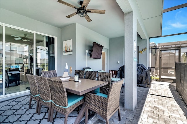 exterior space featuring ceiling fan