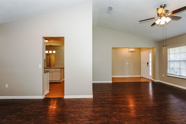 unfurnished room featuring hardwood / wood-style flooring, ceiling fan, and lofted ceiling