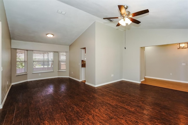 unfurnished room featuring hardwood / wood-style floors, ceiling fan, and lofted ceiling